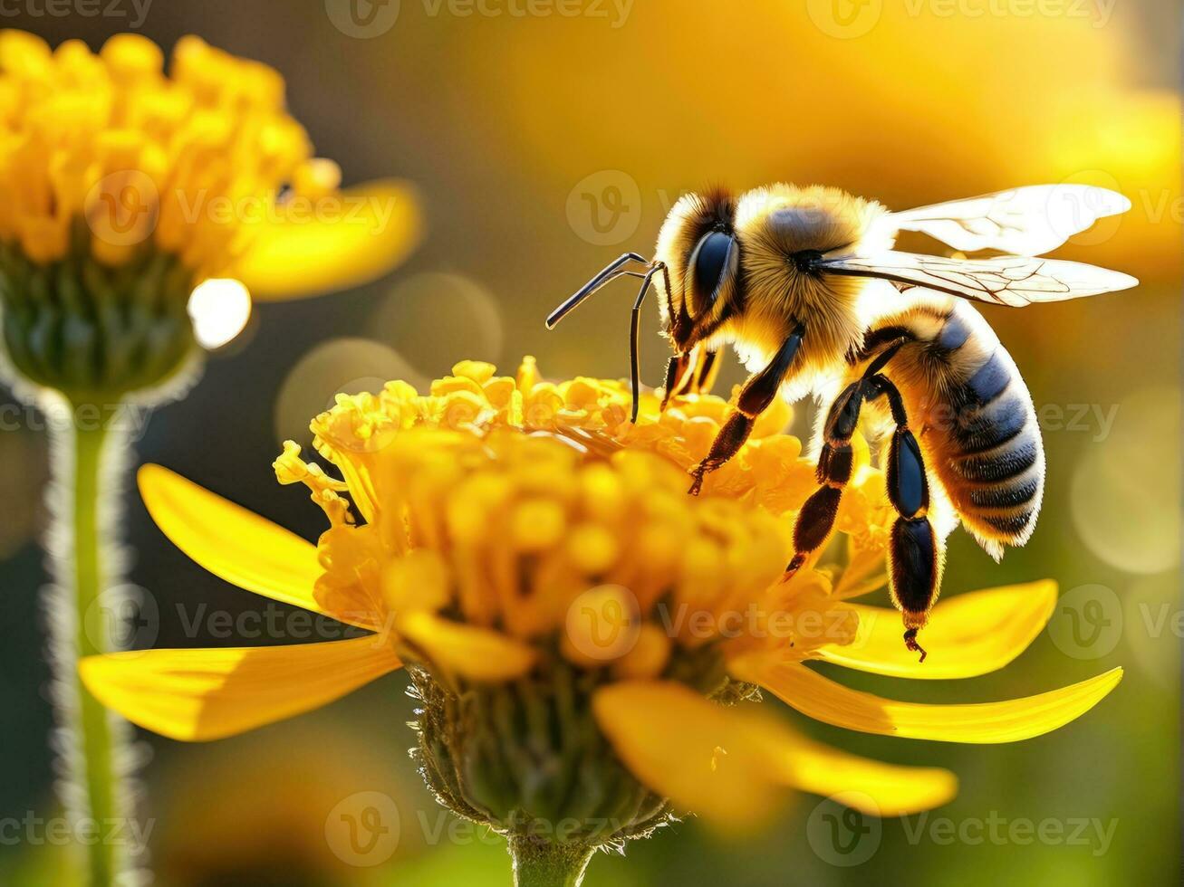 fliegend Honig Biene Sammeln Pollen beim Gelb Blume ai generiert foto