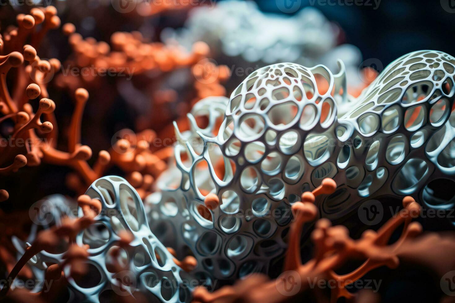 das kompliziert Gitter von ein 3d gedruckt Koralle hervorgehoben unter das glühen von ein Taucher Taschenlampe präsentieren technologisch Kunst foto