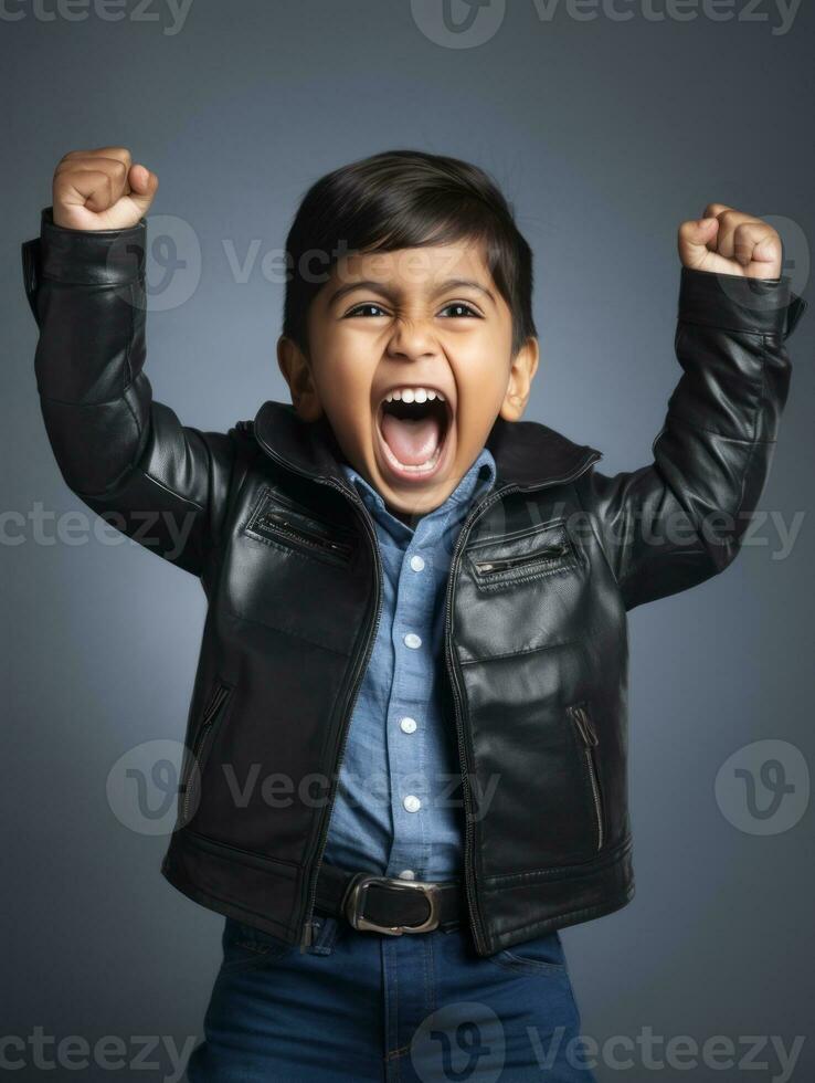 glücklich indisch Kind im beiläufig Kleidung gegen ein neutral Hintergrund ai generativ foto