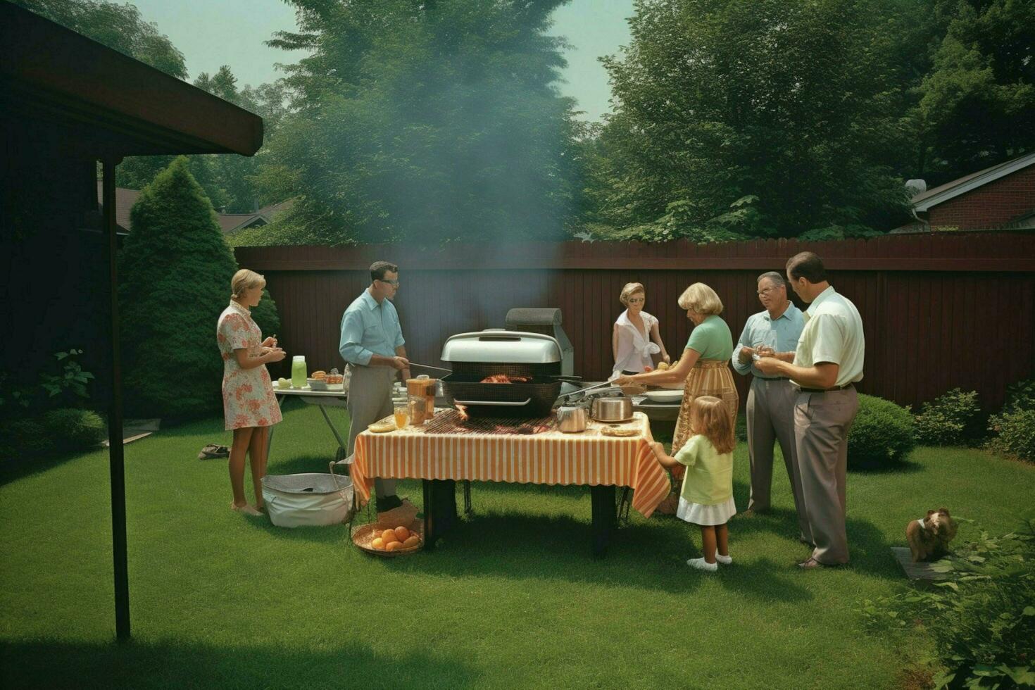 ein Familie Grillparty im das Hinterhof foto