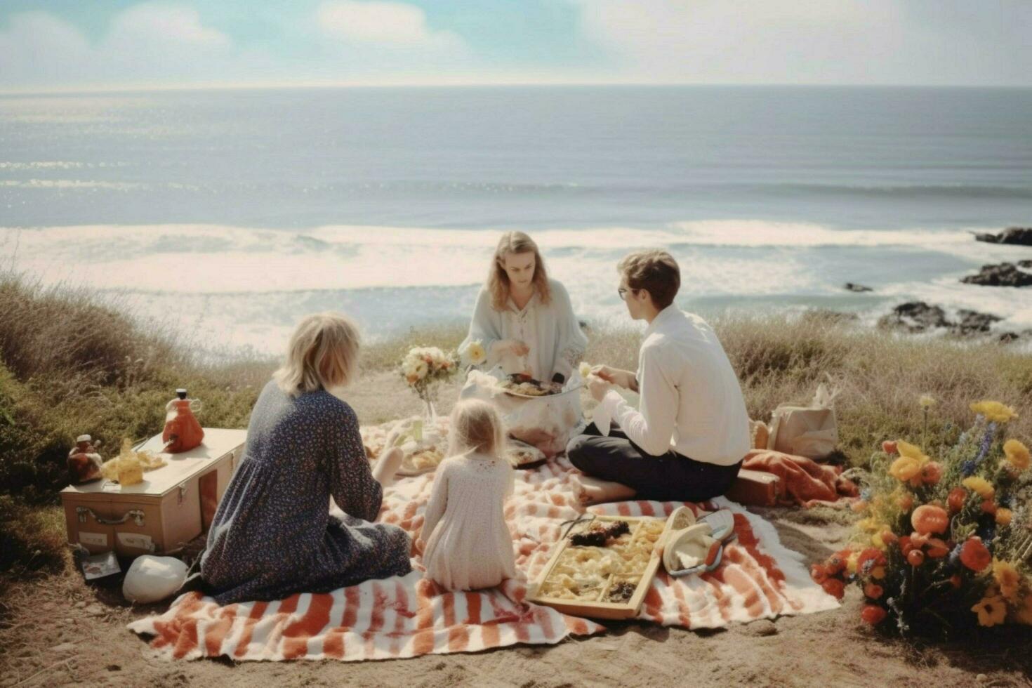 ein Familie Picknick beim das Strand foto