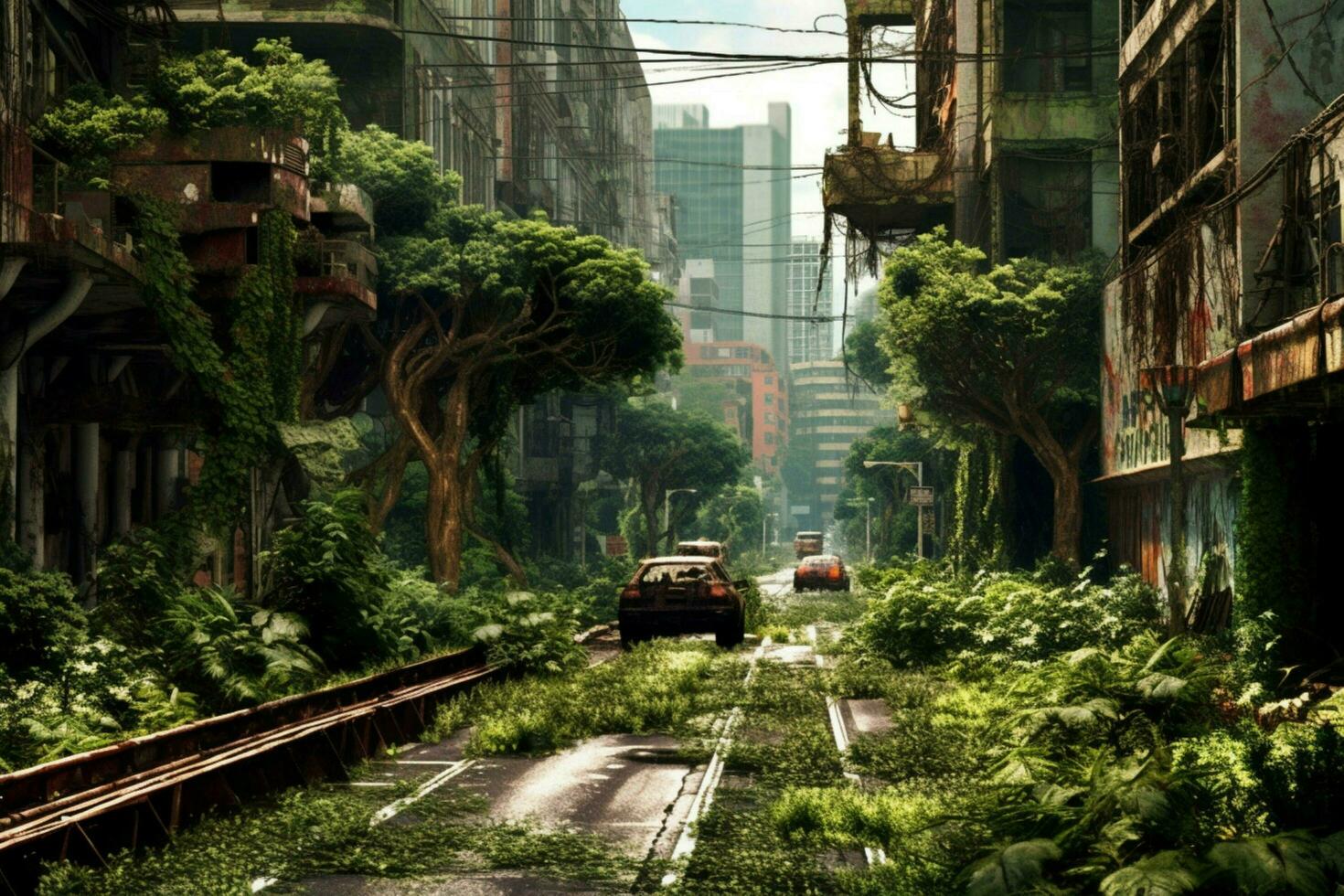 ein Post-apokalyptischen Stadt mit bewachsen Vegetation foto