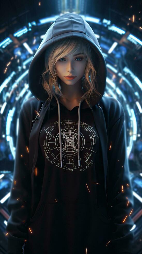 jung Mädchen tragen schwarz Kapuzenpullover mit Cyberpunk Stil. generativ ai foto