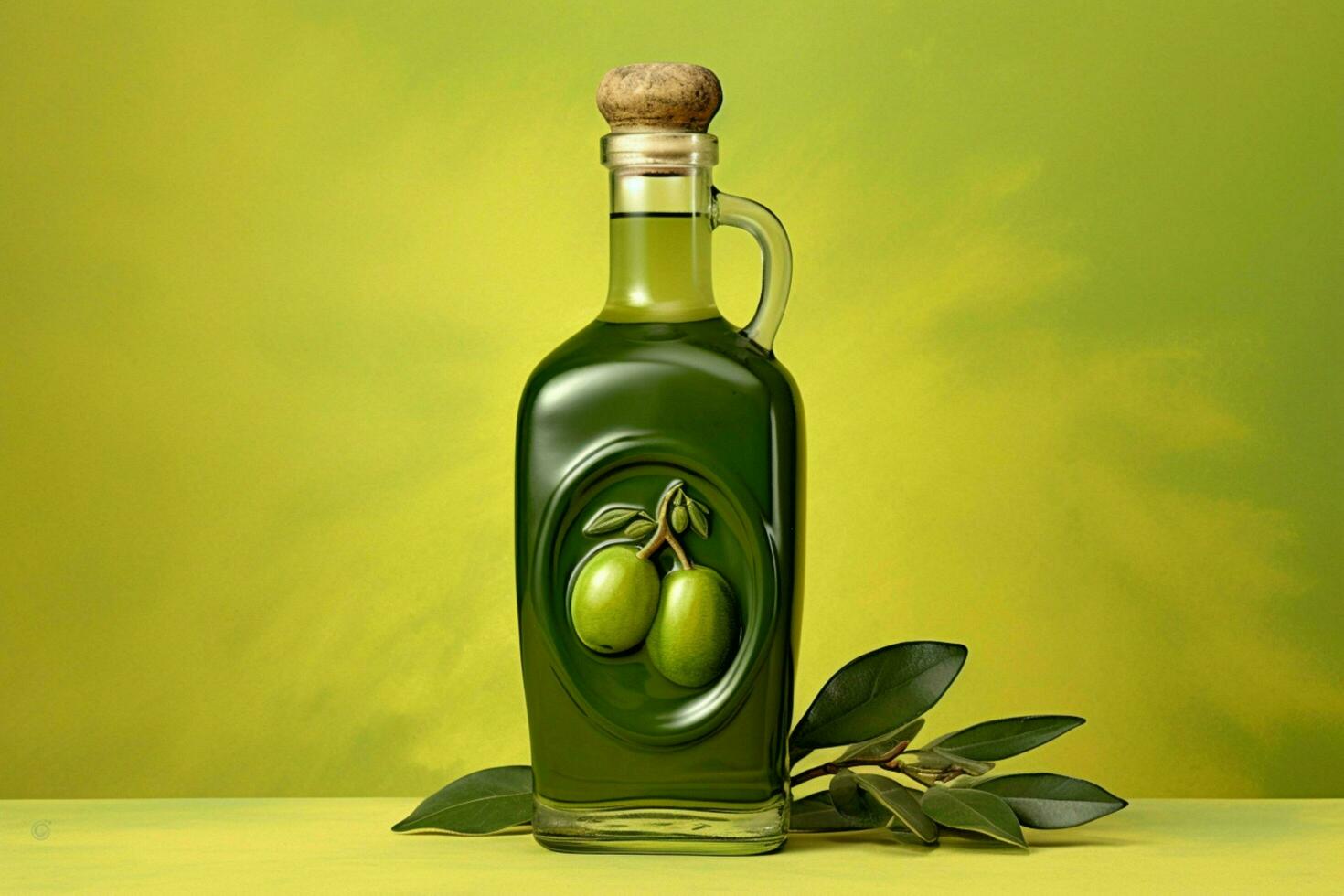 ein Flasche von Olive Öl mit ein Grün Hintergrund foto