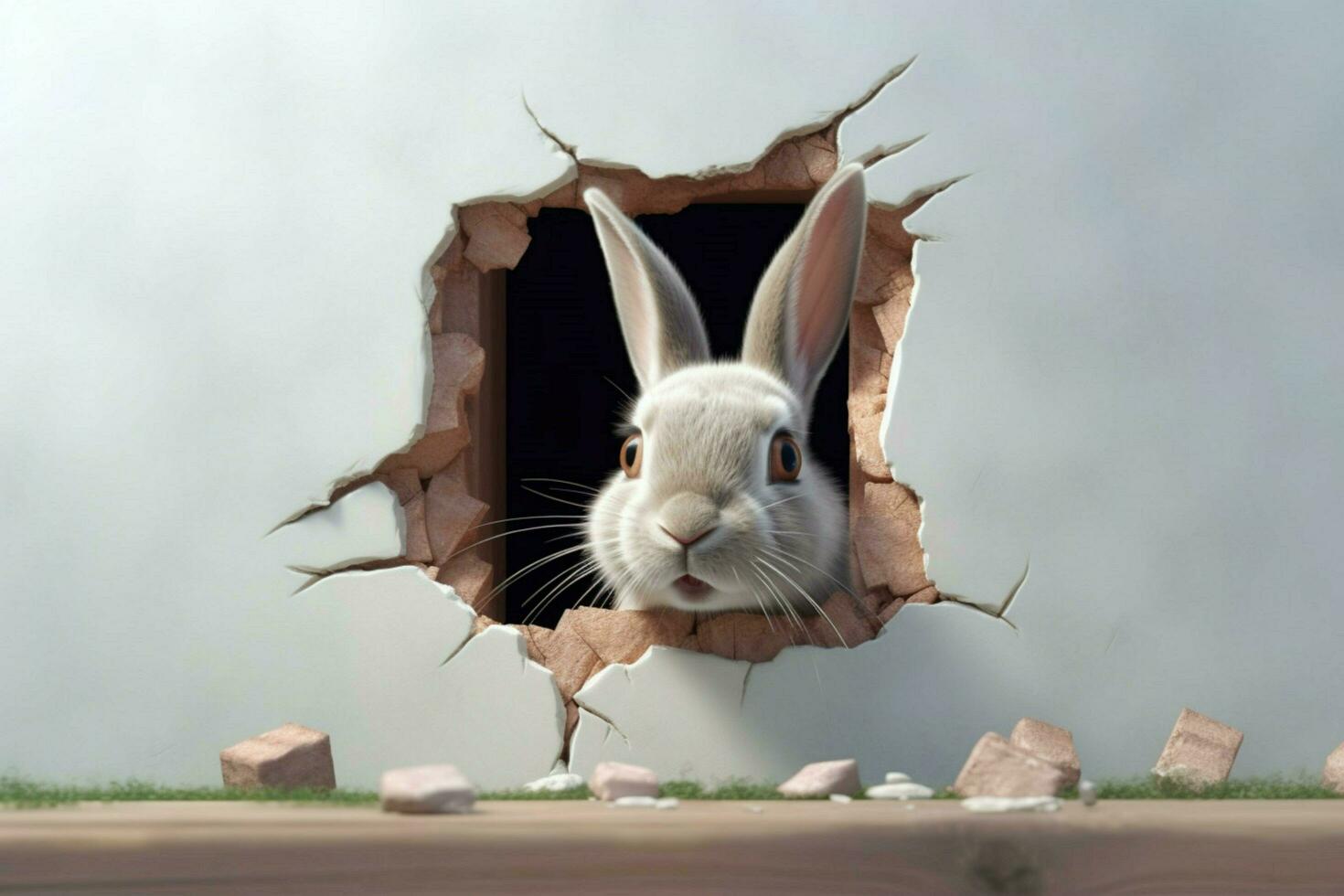 ein süß Hase sieht aus von ein gebrochen Mauer im 3d foto