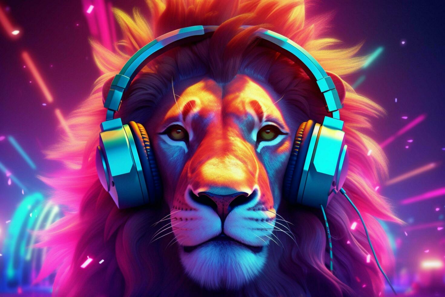 ein Digital Kunst von ein Löwe mit Kopfhörer und ein Neo foto