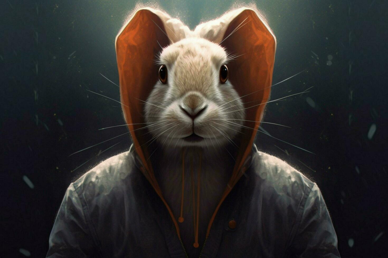 ein Digital Kunst von ein Hase tragen ein Kapuzenpullover und ein foto