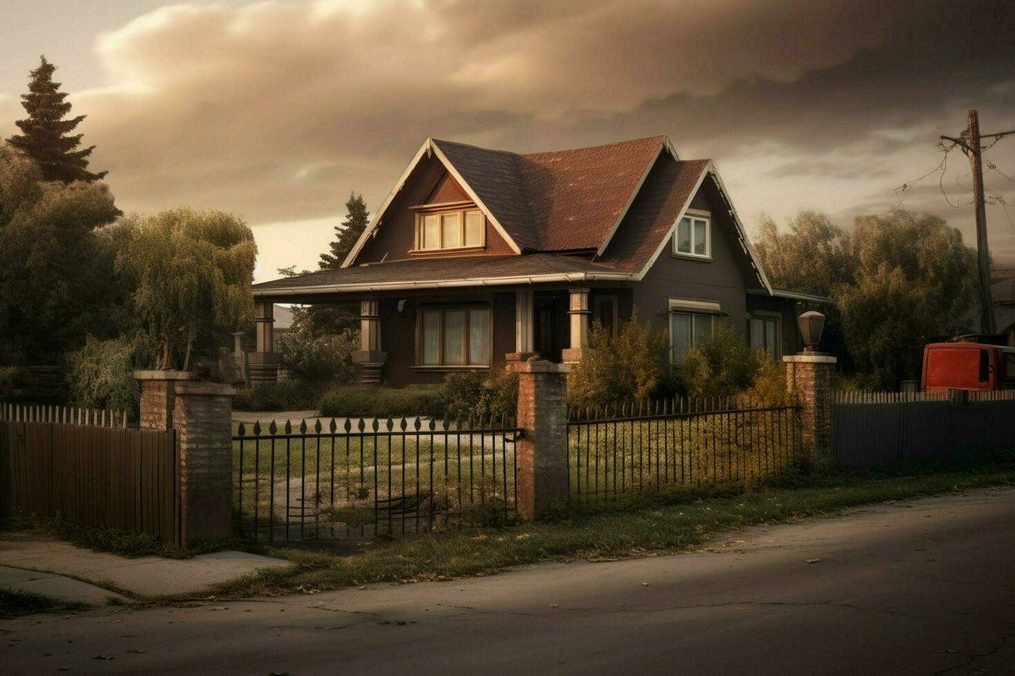 ein Haus mit ein Garage und ein Zaun im Vorderseite von es foto