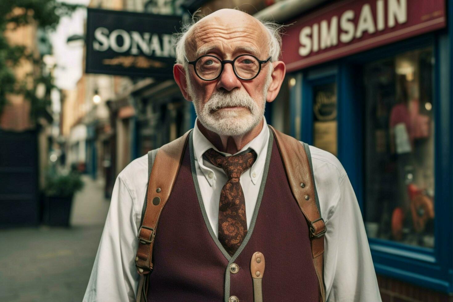 ein Mann mit Brille und ein Weste Das sagtsim ein senio foto