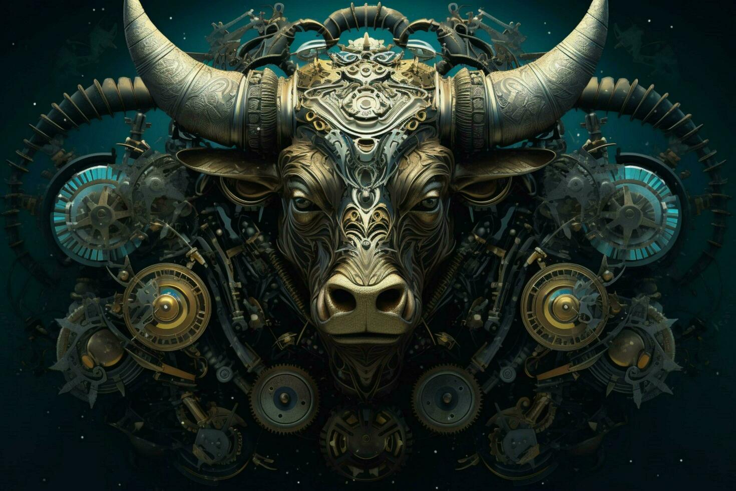 ein Poster von ein Stier mit ein Bündel von Getriebe auf es foto