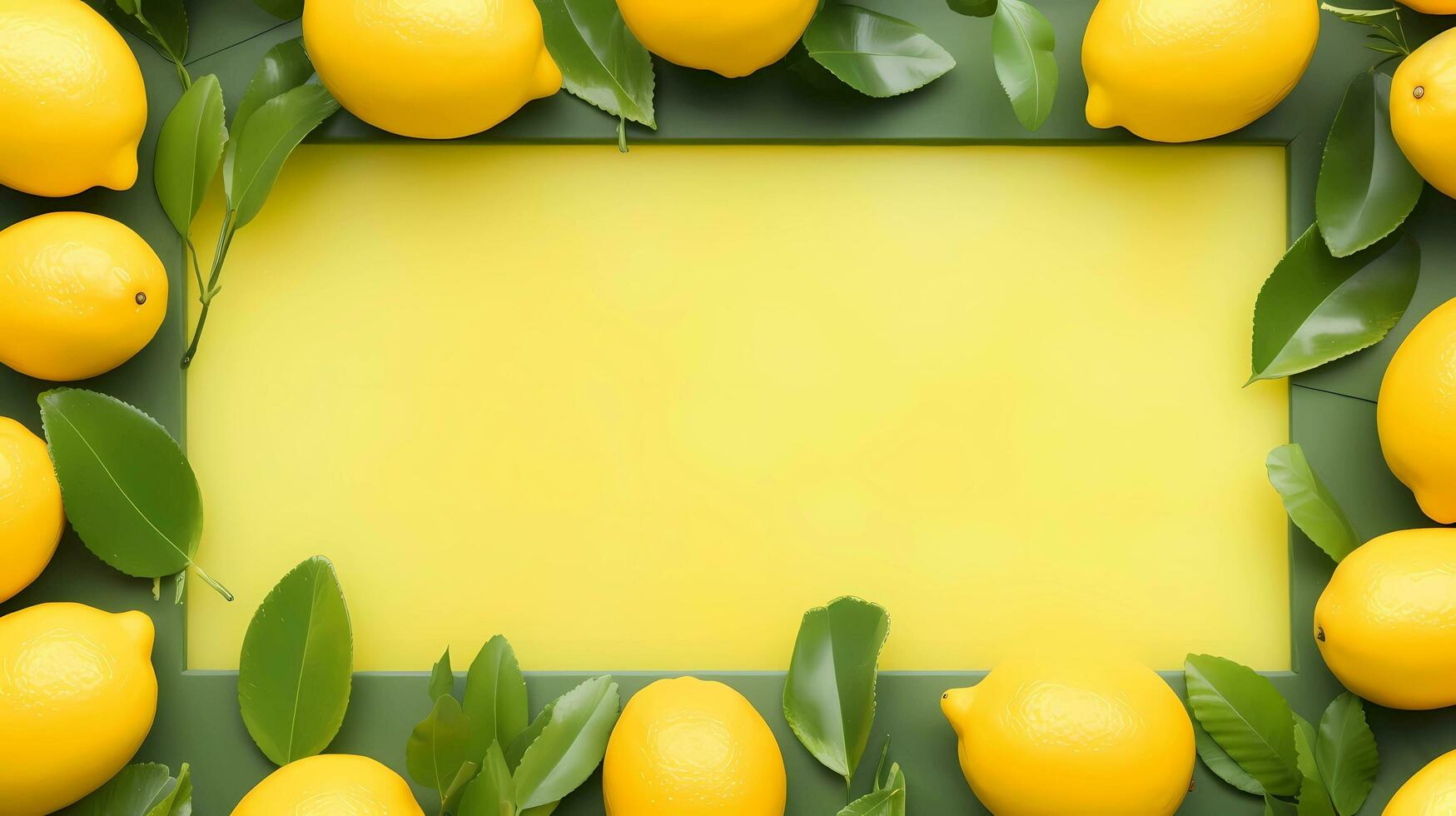 ai generiert, ein Bild Rahmen gemacht oben von Zitronen, Minimalismus mit Sanft Gelb Hintergrund, matt Hintergrund, beschwingt Farbe. foto