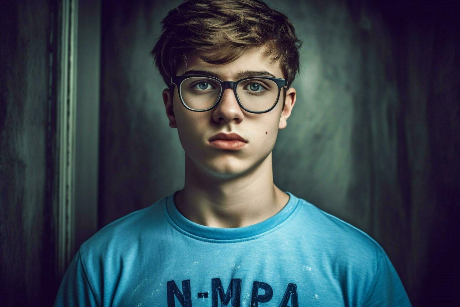 ein jung Mann mit Brille auf und ein Blau Hemd Das foto