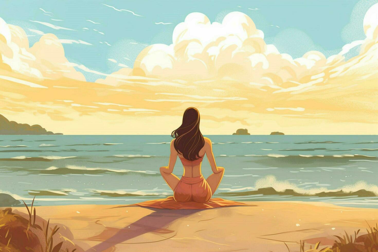 beim das Strand ein Frau Praktiken Methoden Ausübungen Yoga illustrati foto