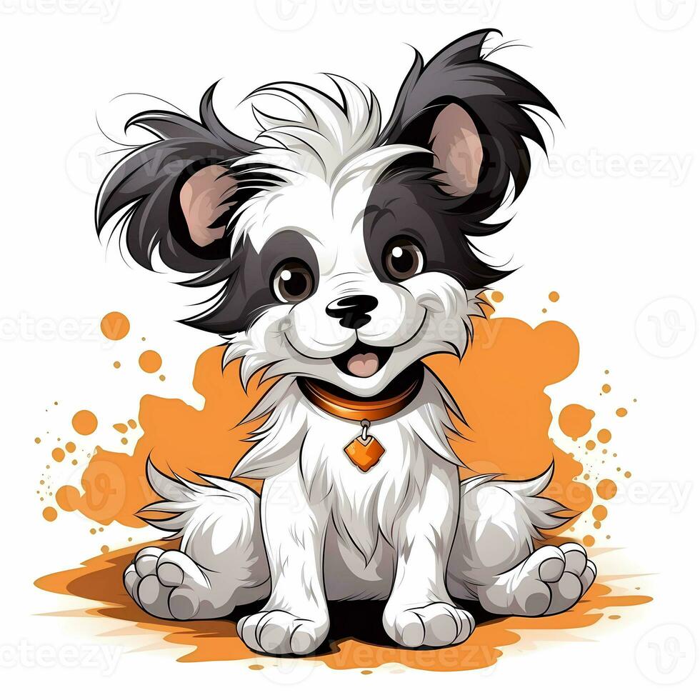 Design T-Shirt Grafik, süß Karikatur Hund, Weiß Hintergrund, Kinder Stil, Weiß Hintergrund, skizzieren Stil, spielerisch Stil. ai generiert foto