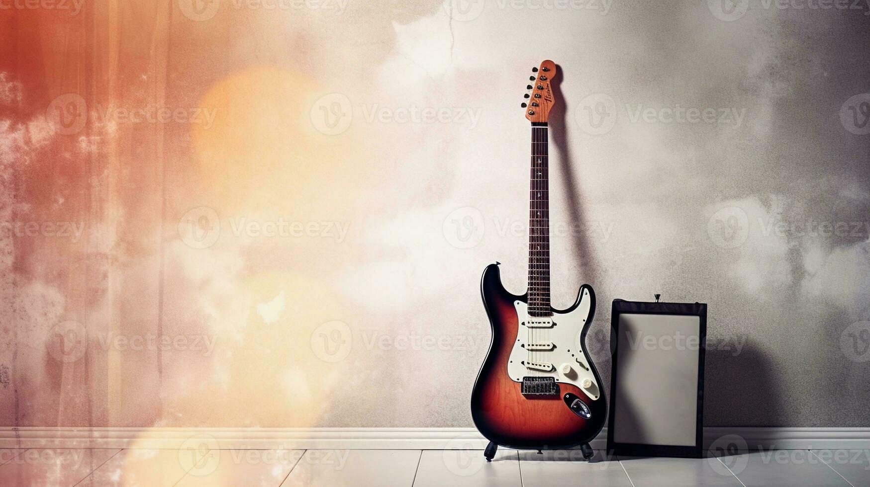 ein künstlerisch Komposition mit ein elektrisch Gitarre im ein elegant Einstellung, mit ein texturiert, abstrakt Hintergrund Das ergänzt es ist modern Stil. ai generiert foto