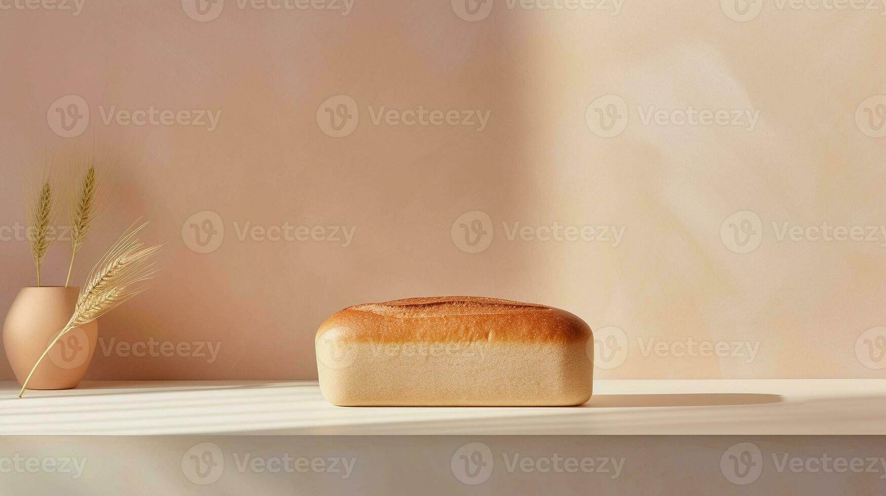ein künstlerisch Komposition mit ein Single Laib von Brot wie das Schwerpunkt Punkt gegen ein Sanft Pastell- Hintergrund, Erstellen ein elegant und minimalistisch Szene, mit Raum zum Text. ai generiert foto