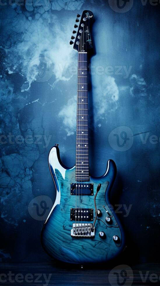 ein Bild von ein elektrisch Gitarre im ein launisch, bluesig Ambiente, mit texturiert Beleuchtung und Hintergrund Das Erfassung das Wesen von Blues Musik. Vertikale Format. ai generiert foto