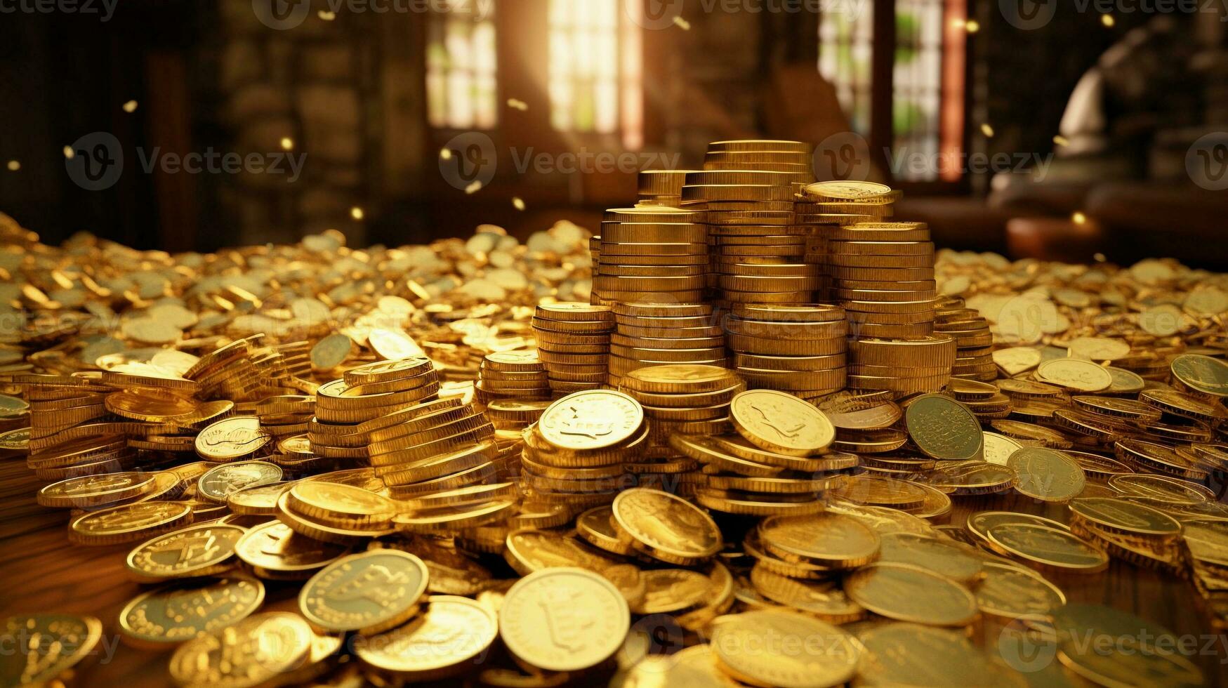ein fesselnd Szene mit ein Fülle von golden Münzen und Dollar Rechnungen, mit vorgesehen Bereiche zum Text, Hintergrund Bild, ai generiert foto