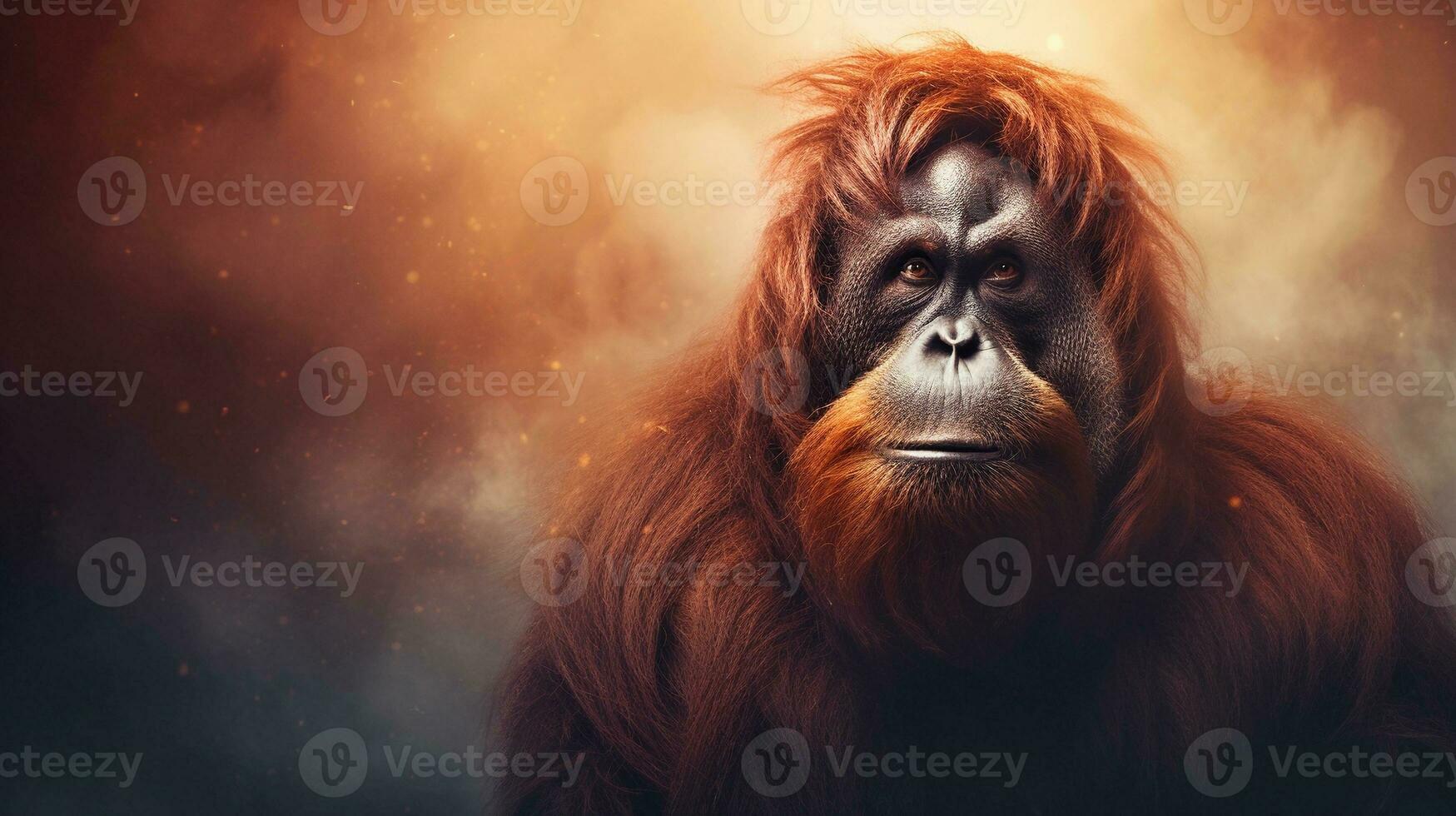 Nahansicht von ein genial männlich Orang-Utan mit texturiert Hintergrund und Raum zum Text, Hintergrund Bild, ai generiert foto