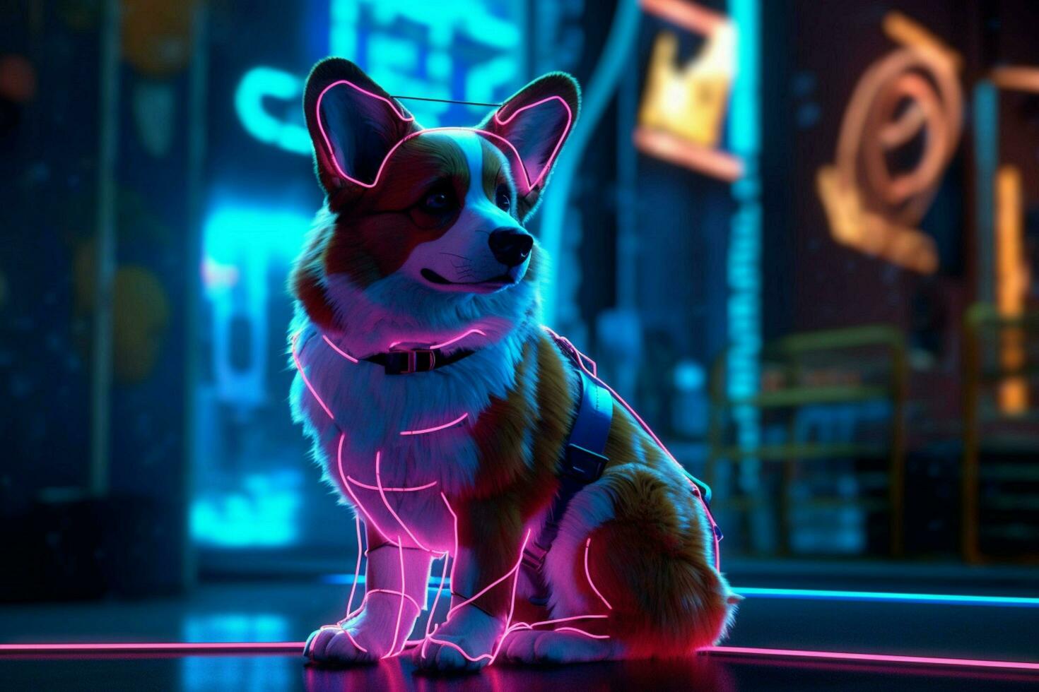 Corgi Hund Cyberpunk Neon- Beleuchtung foto