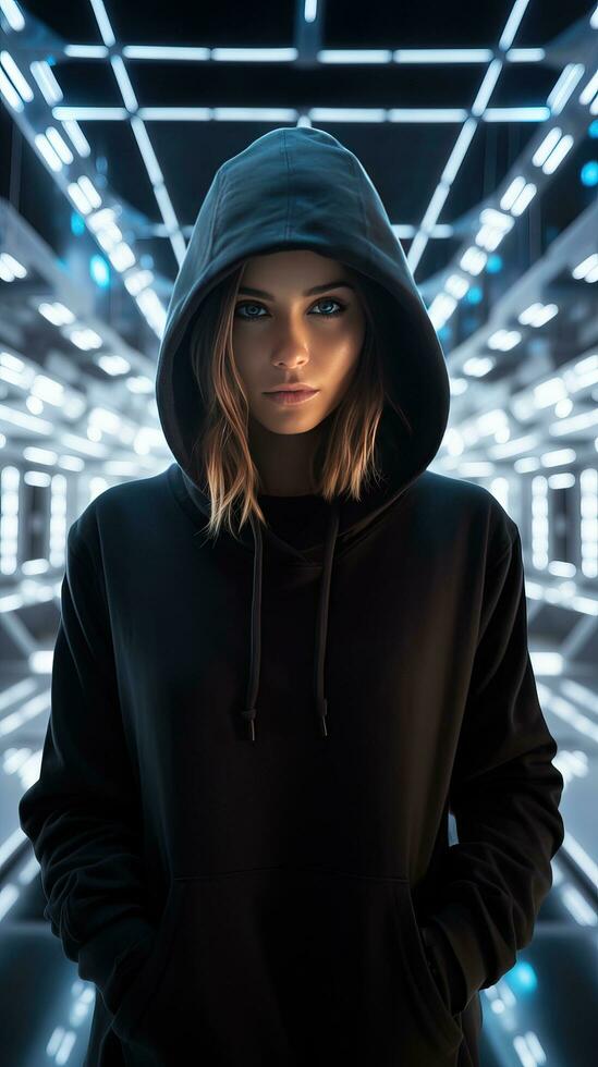 jung Mädchen tragen schwarz Kapuzenpullover mit Cyberpunk Stil. generativ ai foto