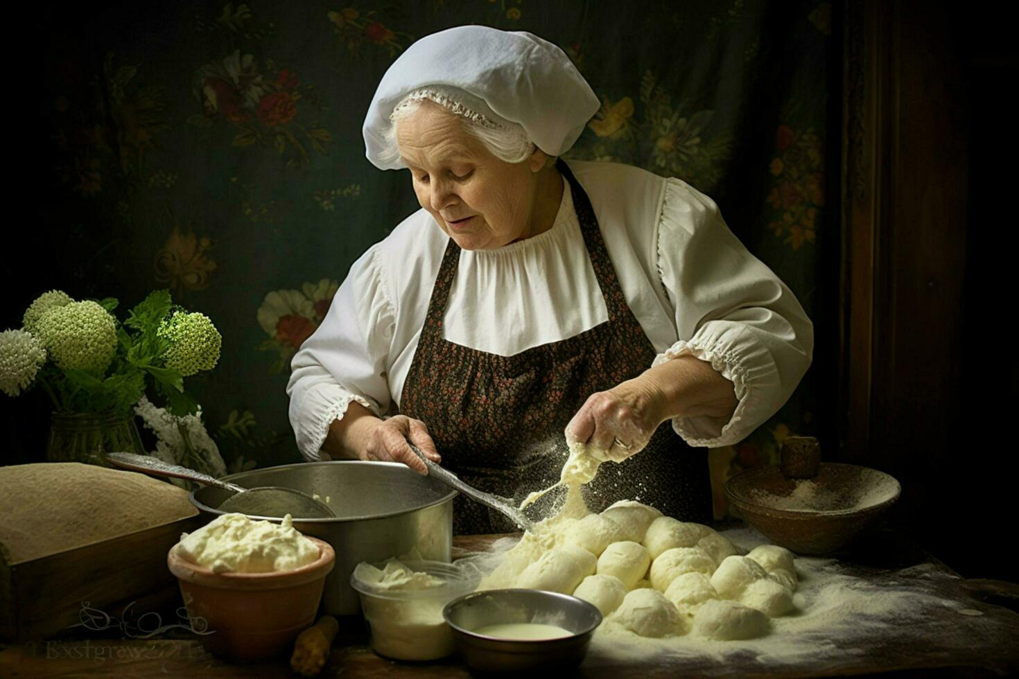 Frau Herstellung püriert Zuhause Kartoffel foto