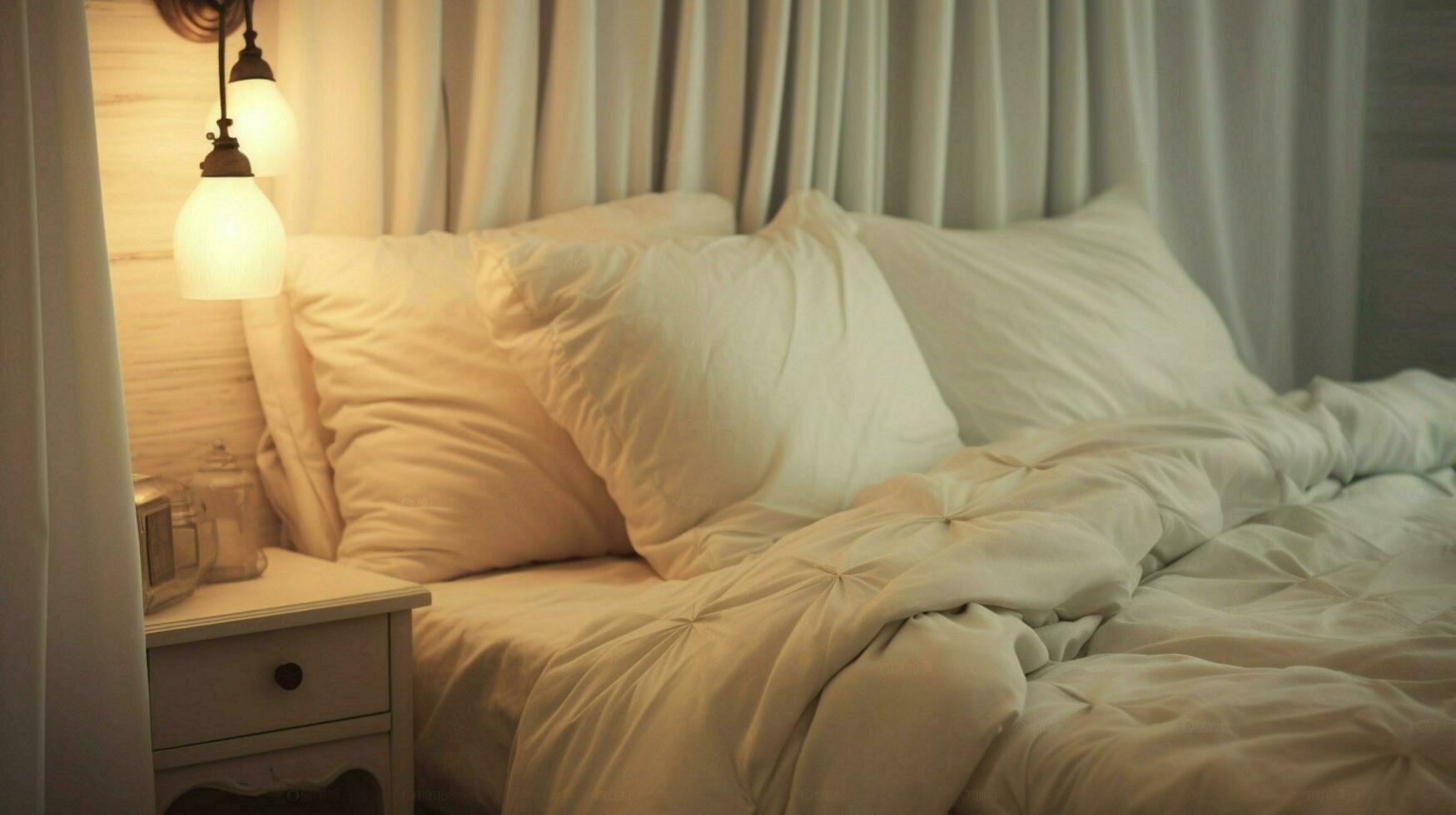 ein Bett mit ein Weiß Bett mit ein Weiß Kissen auf es foto