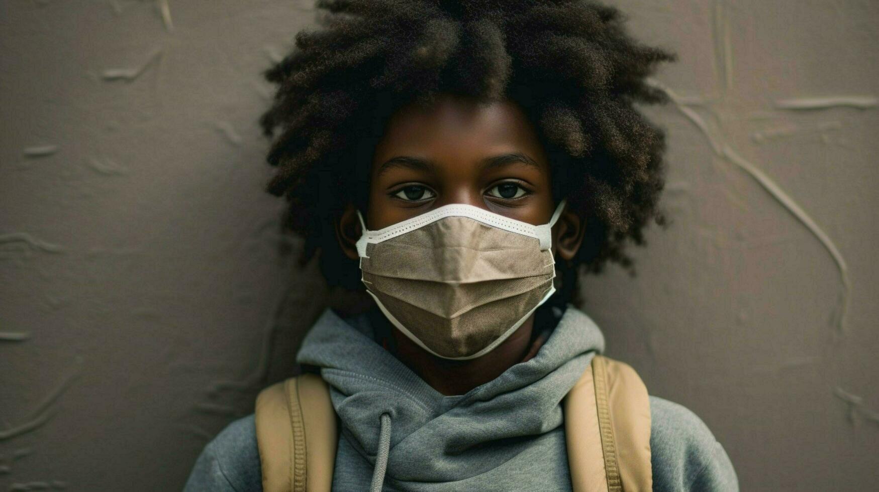 ein schwarz Junge tragen schützend Maske covid 19 Maske foto