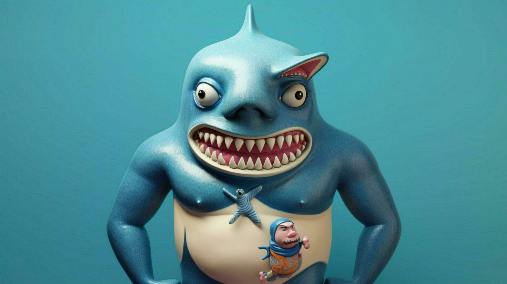 ein Karikatur Charakter mit ein Blau Gesicht und ein Hai foto