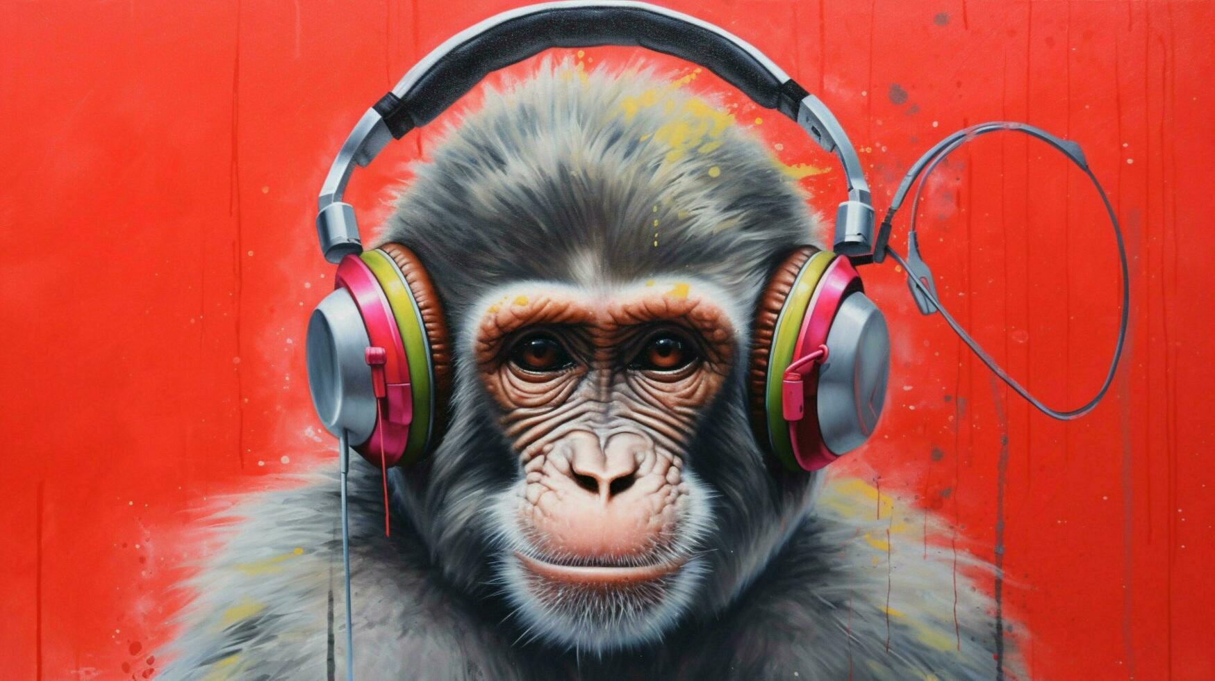 ein Affe mit ein Deckel und Kopfhörer auf foto