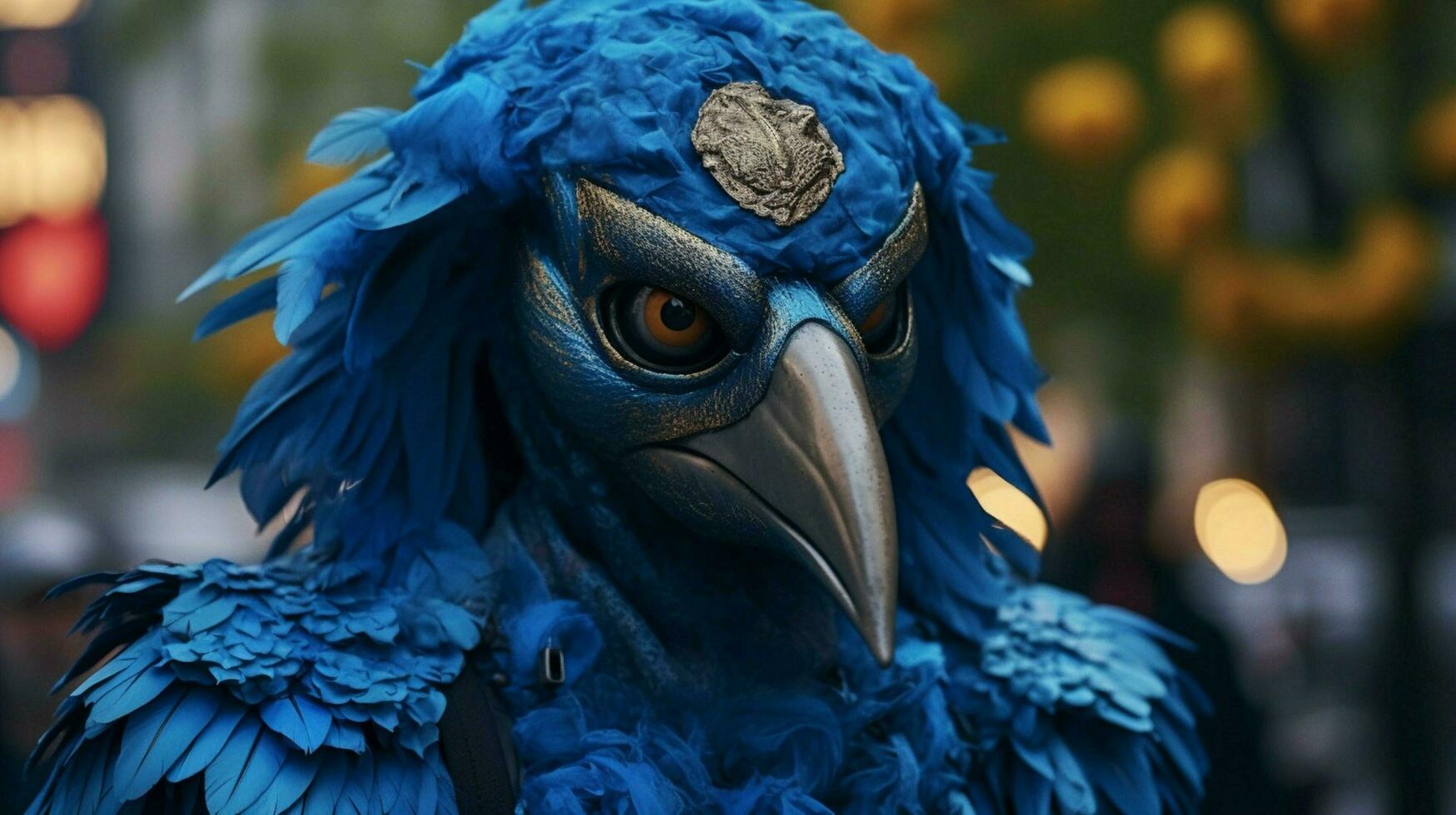 ein Person gekleidet wie ein Vogel mit ein Blau Maske auf foto