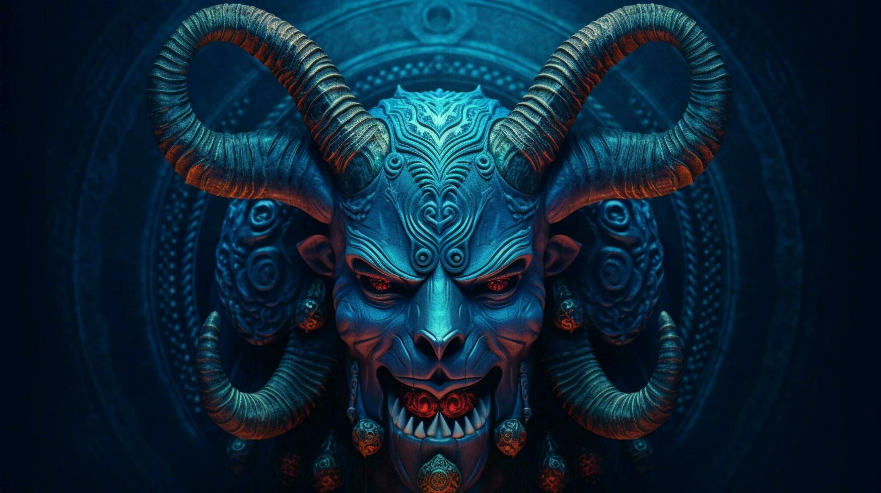 ein Poster mit ein Blau Dämon mit Hörner und ein Horn foto