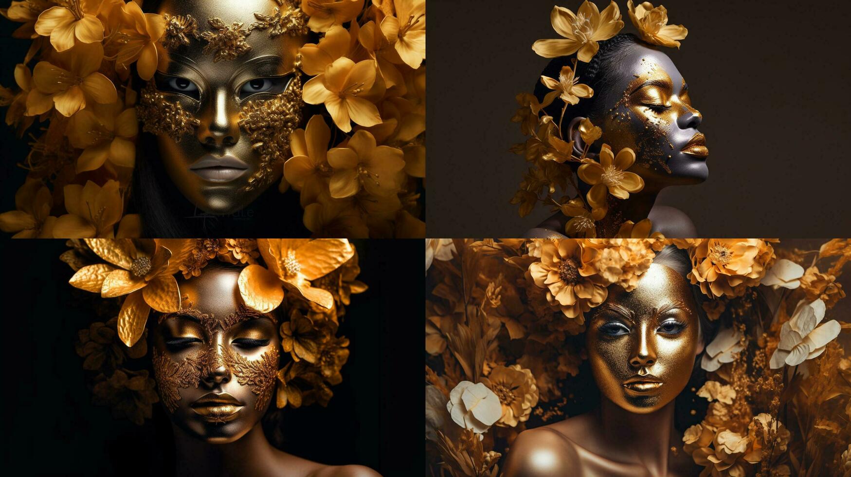 ein Frau im ein Gold Maske mit ein Blume auf ihr Gesicht foto