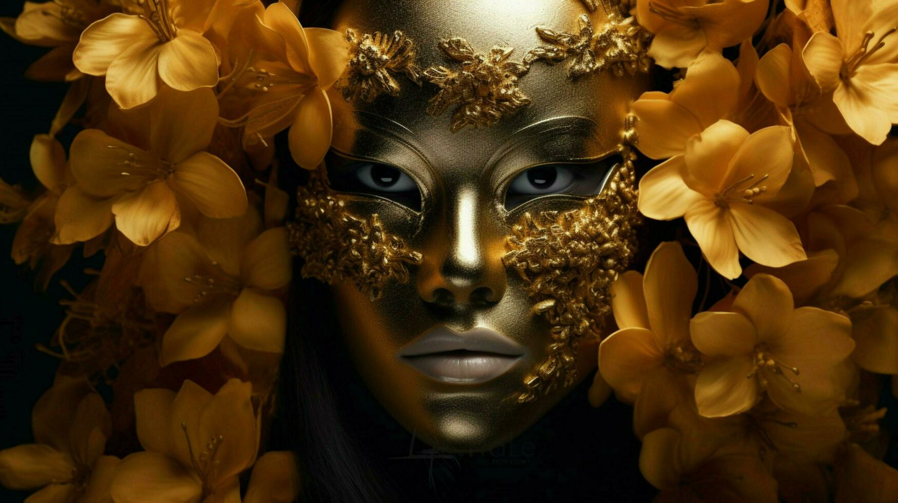 ein Frau im ein Gold Maske mit ein Blume auf ihr Gesicht foto