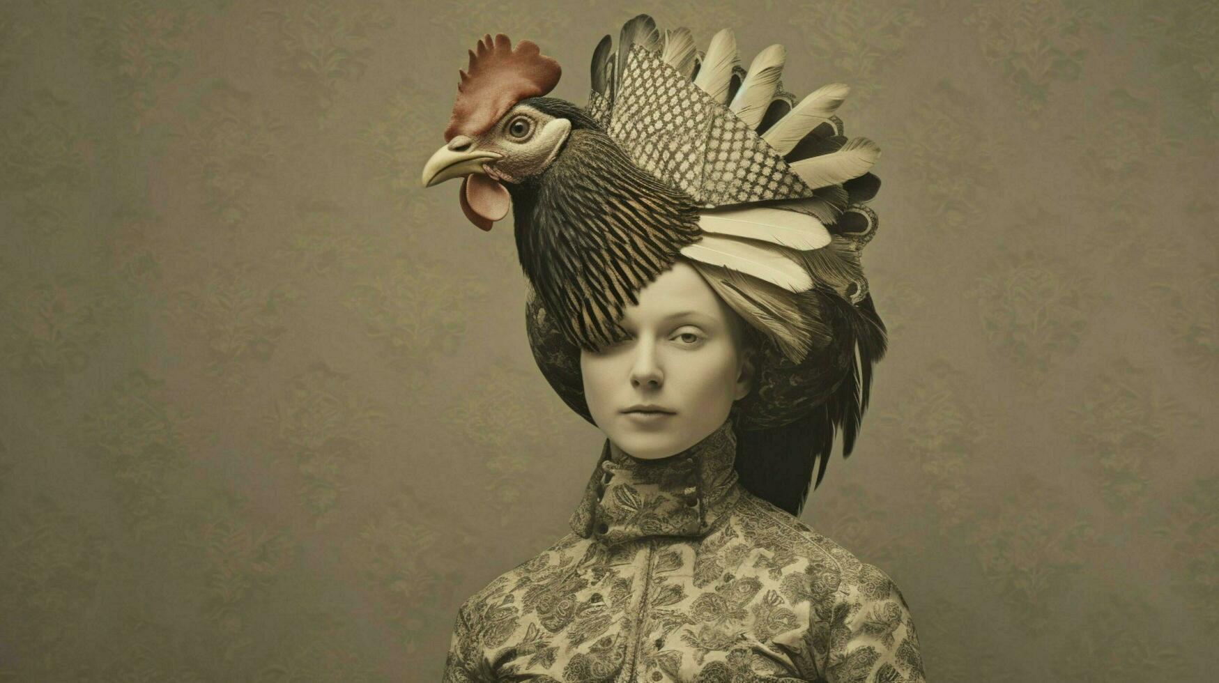 ein Frau tragen ein Hähnchen Maske und ein Vogel auf ihr foto