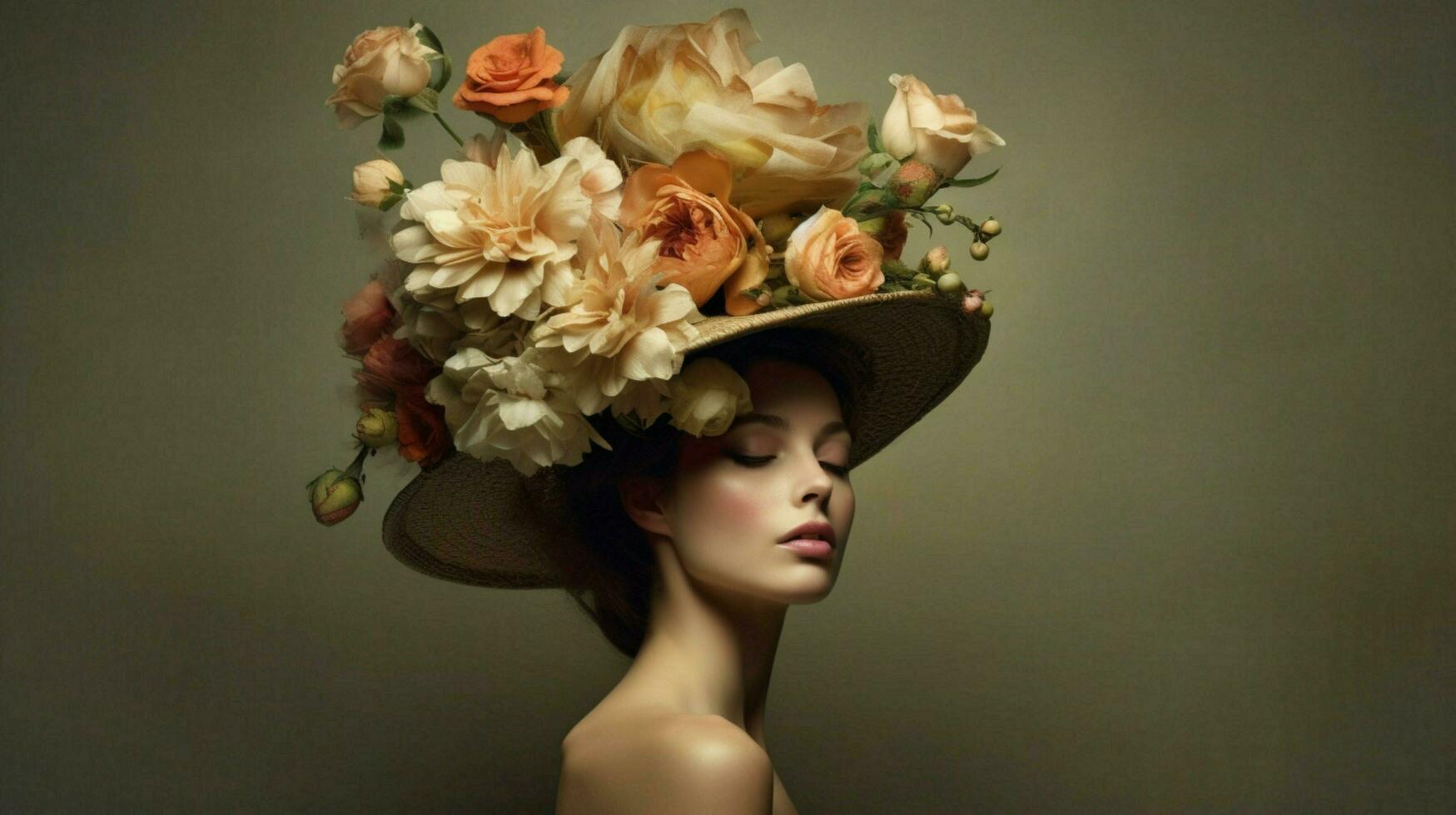 ein Frau mit ein Hut und ein Blume auf ihr Kopf foto