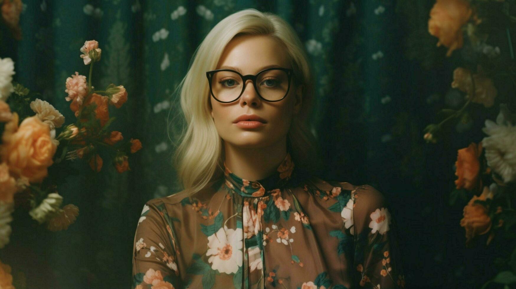 ein Frau mit blond Haar und Brille im ein Blumen- foto