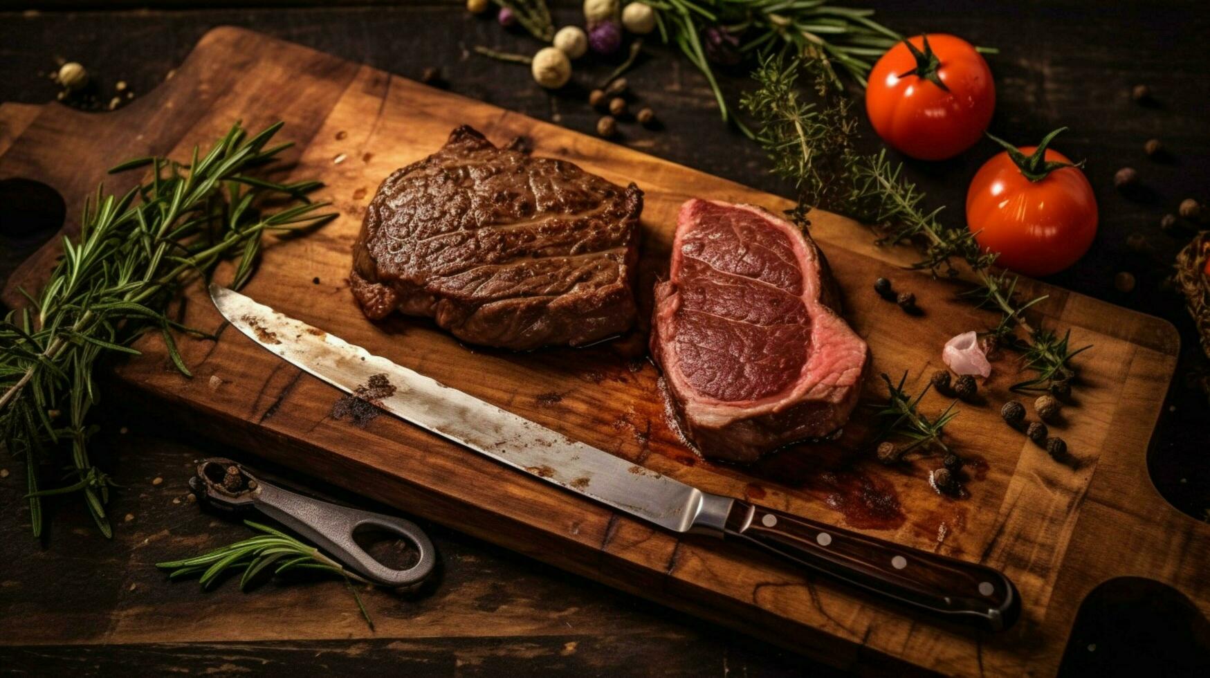 ein hölzern Schneiden Tafel mit Steaks und ein Messer ne foto