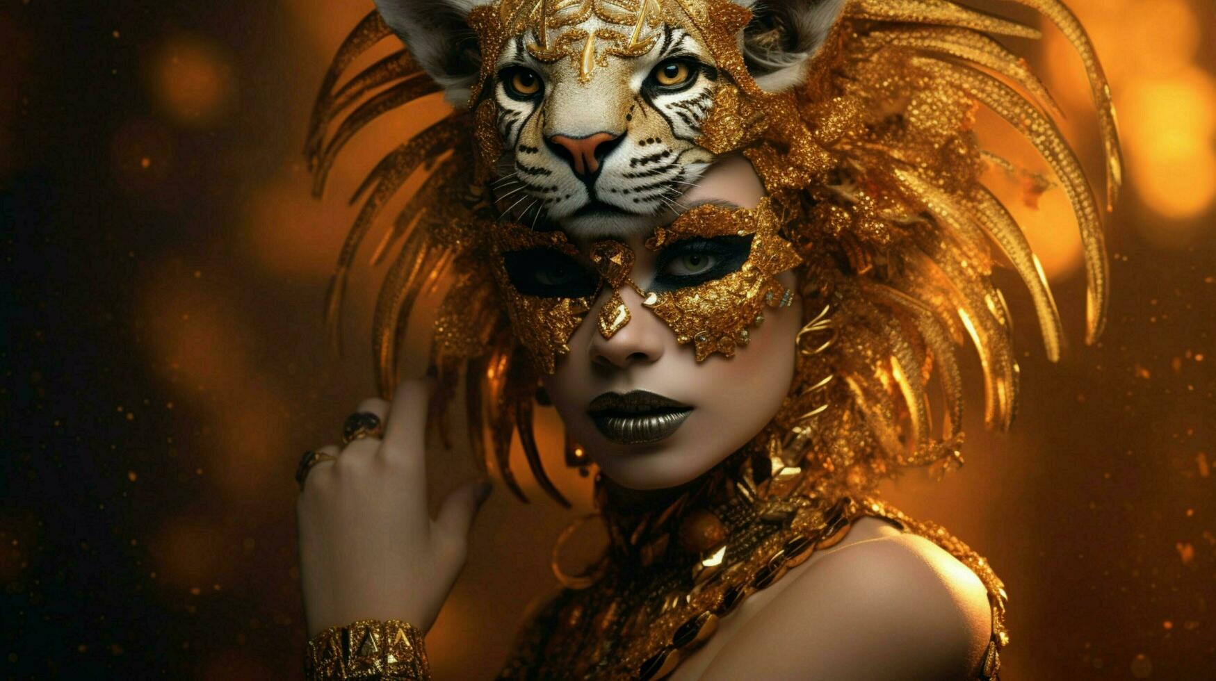 Fantasie Göttin im Tiger Gepard golden Maske foto