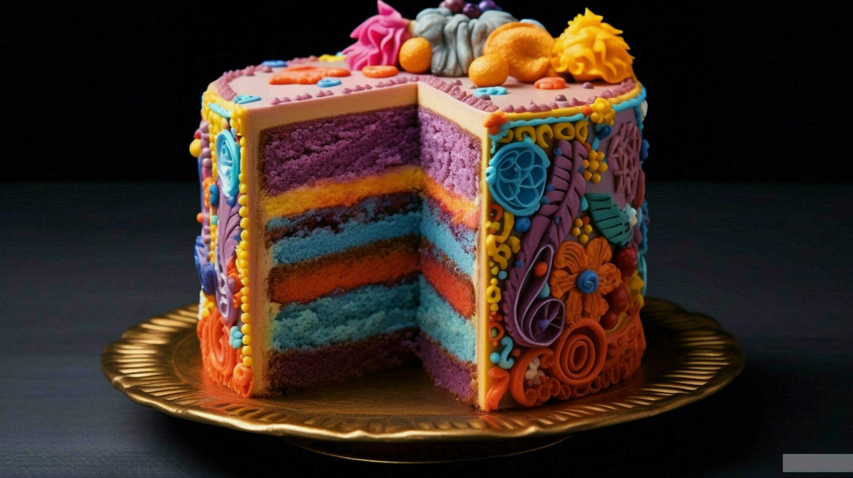 Scheibe von Kuchen dekoriert mit beschwingt Farben foto