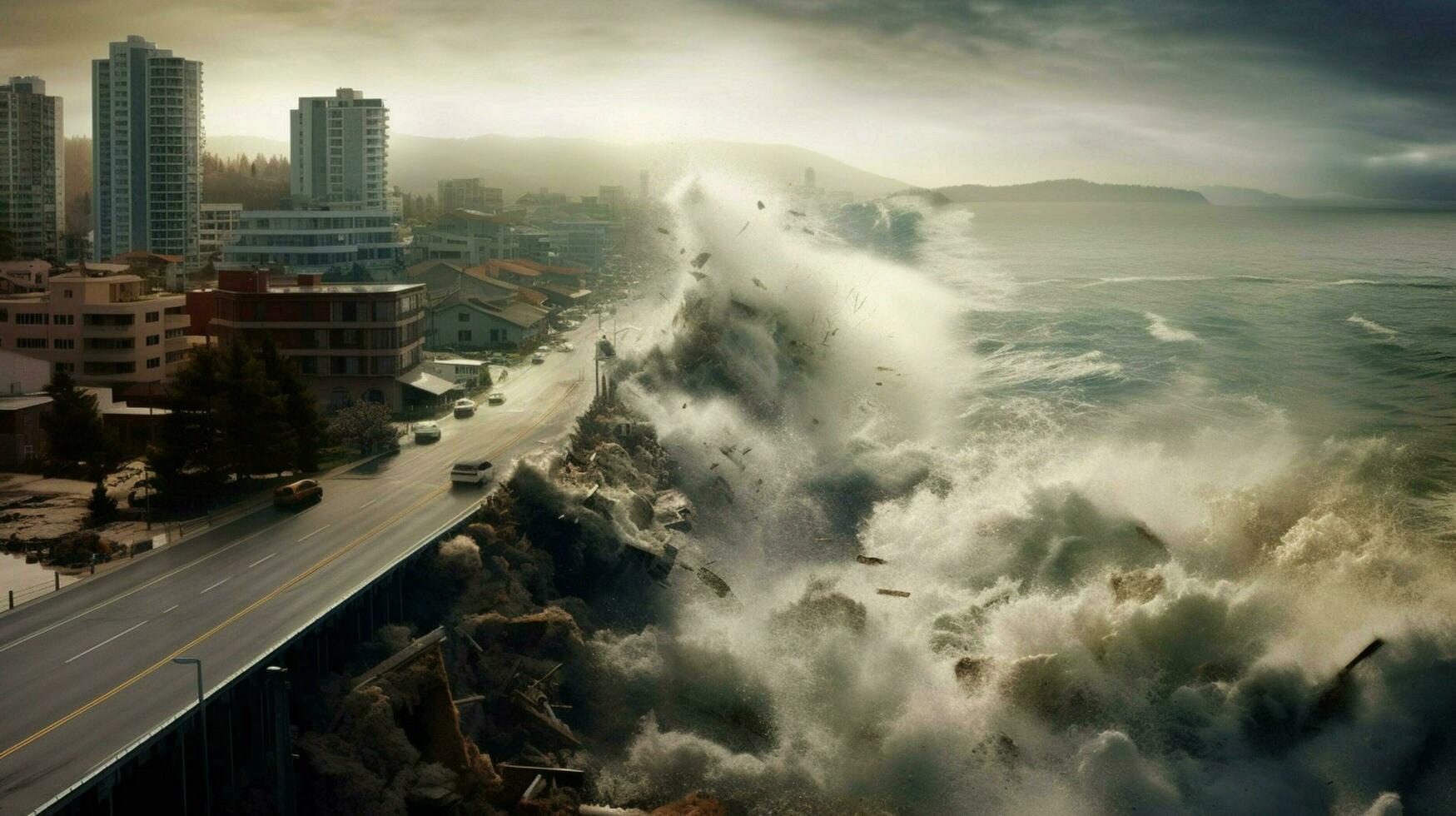 Tsunami Welle abstürzen Über Deich Überschwemmung Küste foto
