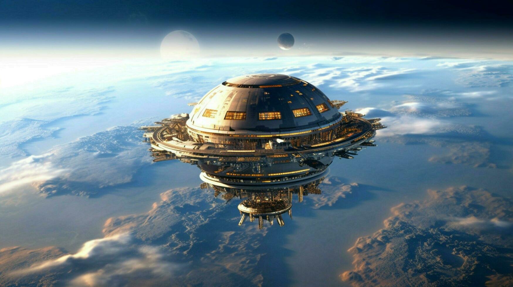 Aussicht von futuristisch Raum Bahnhof umkreisen Planet foto