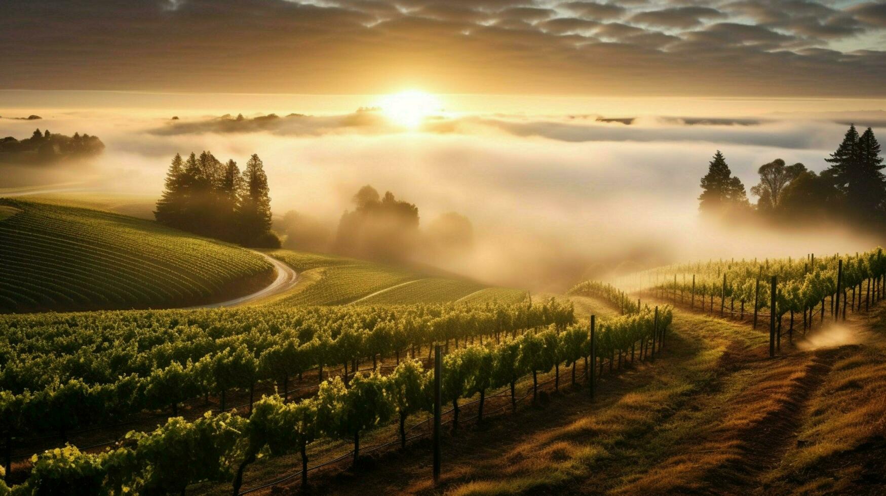 Weinberg umgeben durch neblig Sonnenaufgang Sonnenstrahlen slo foto