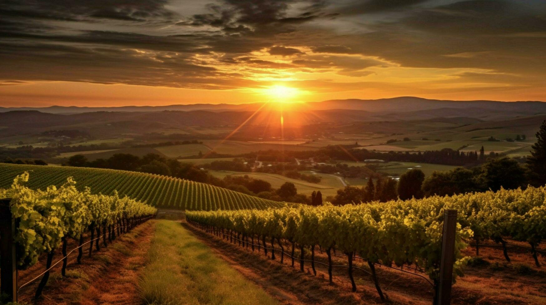 Weinberg mit Aussicht von das Sonne Rahmen hinter ein vi foto