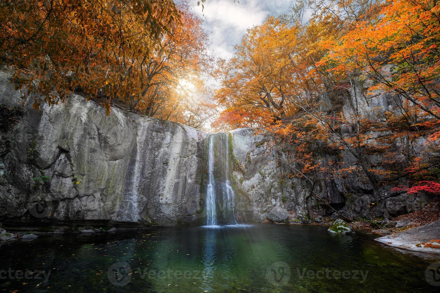 Wasserfall fließt im herbstlichen Wald im Nationalpark foto