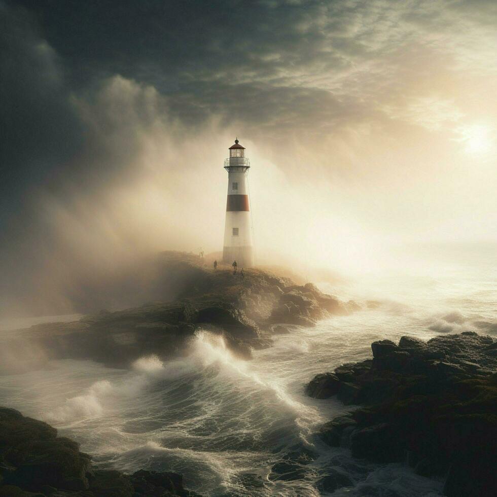 ein sanft Nebel umhüllend ein einsam Leuchtturm durch das Meer foto