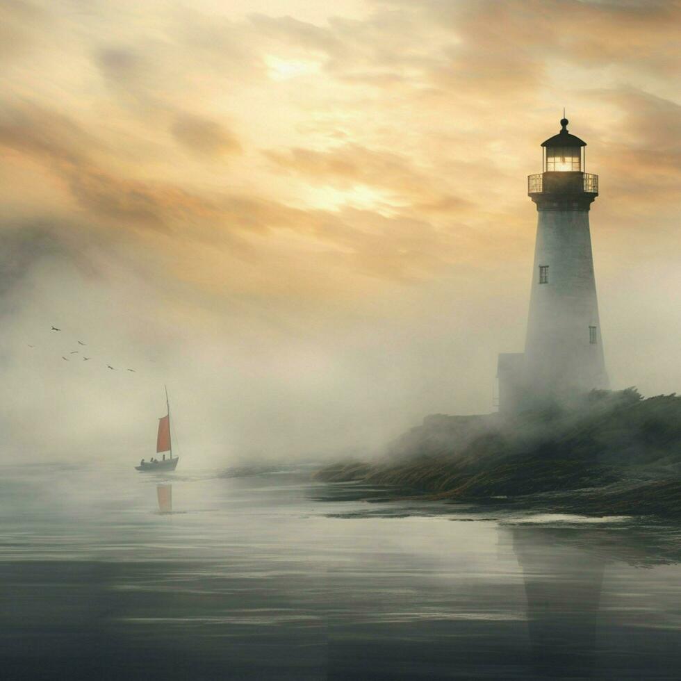 ein sanft Nebel umhüllend ein einsam Leuchtturm durch das Meer foto