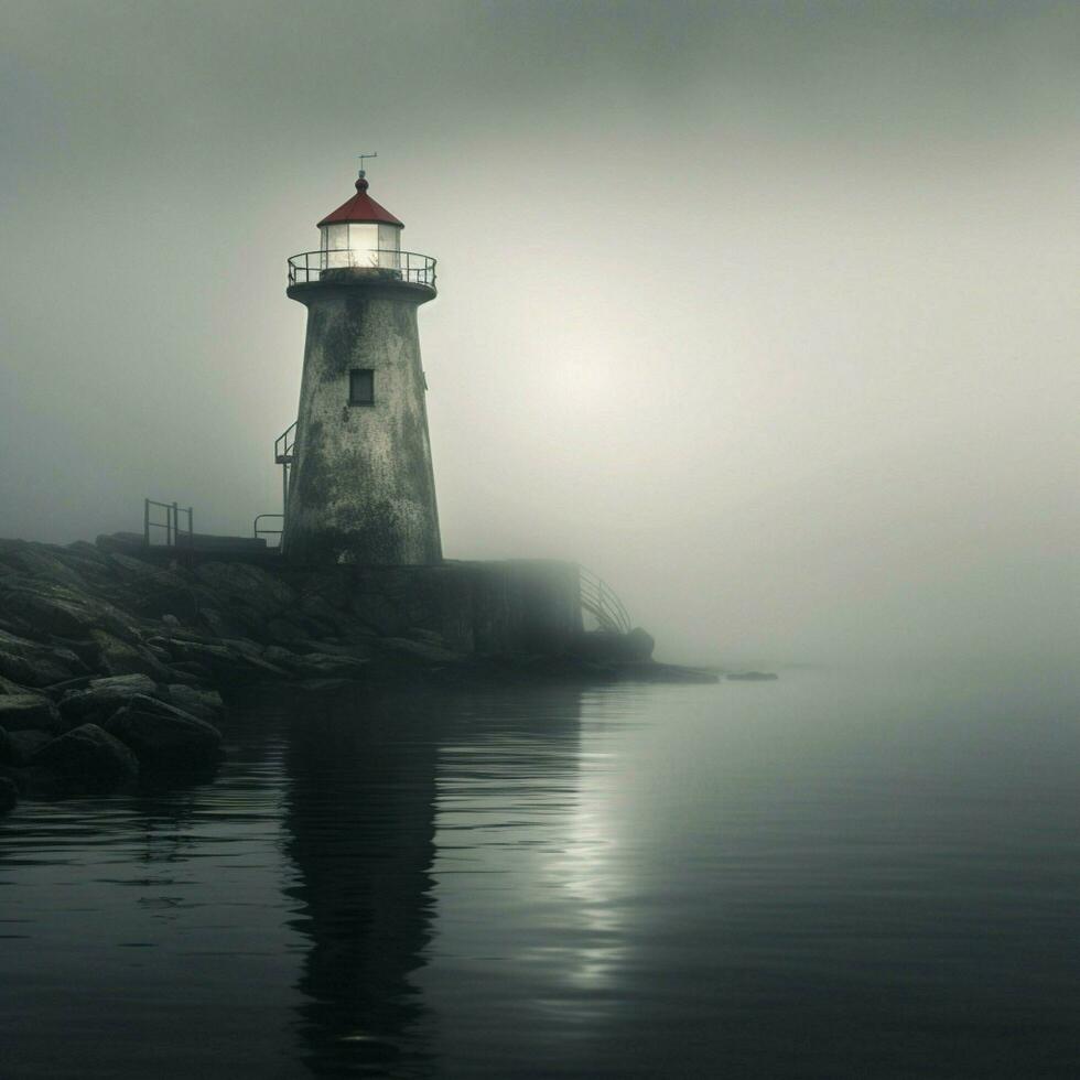 ein sanft Nebel umhüllend ein einsam Leuchtturm durch das Meer foto