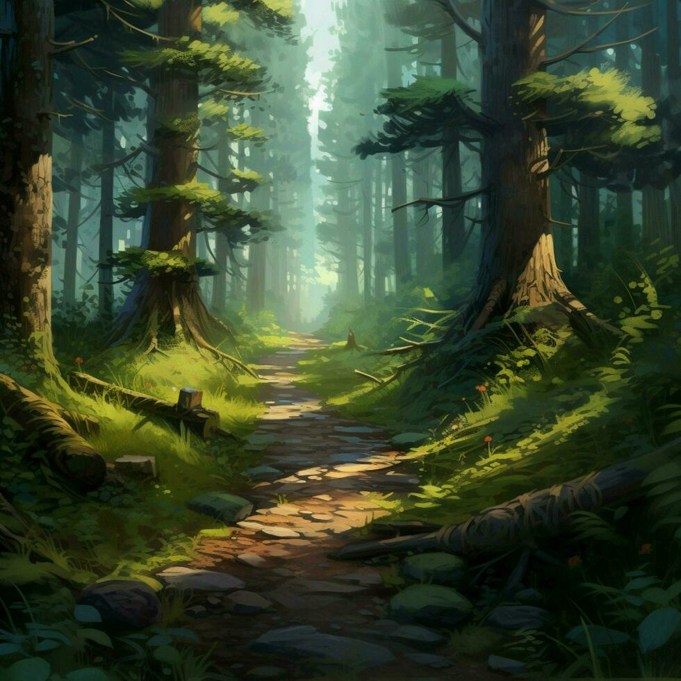 ein heiter Pfad führen durch ein friedlich Wald foto