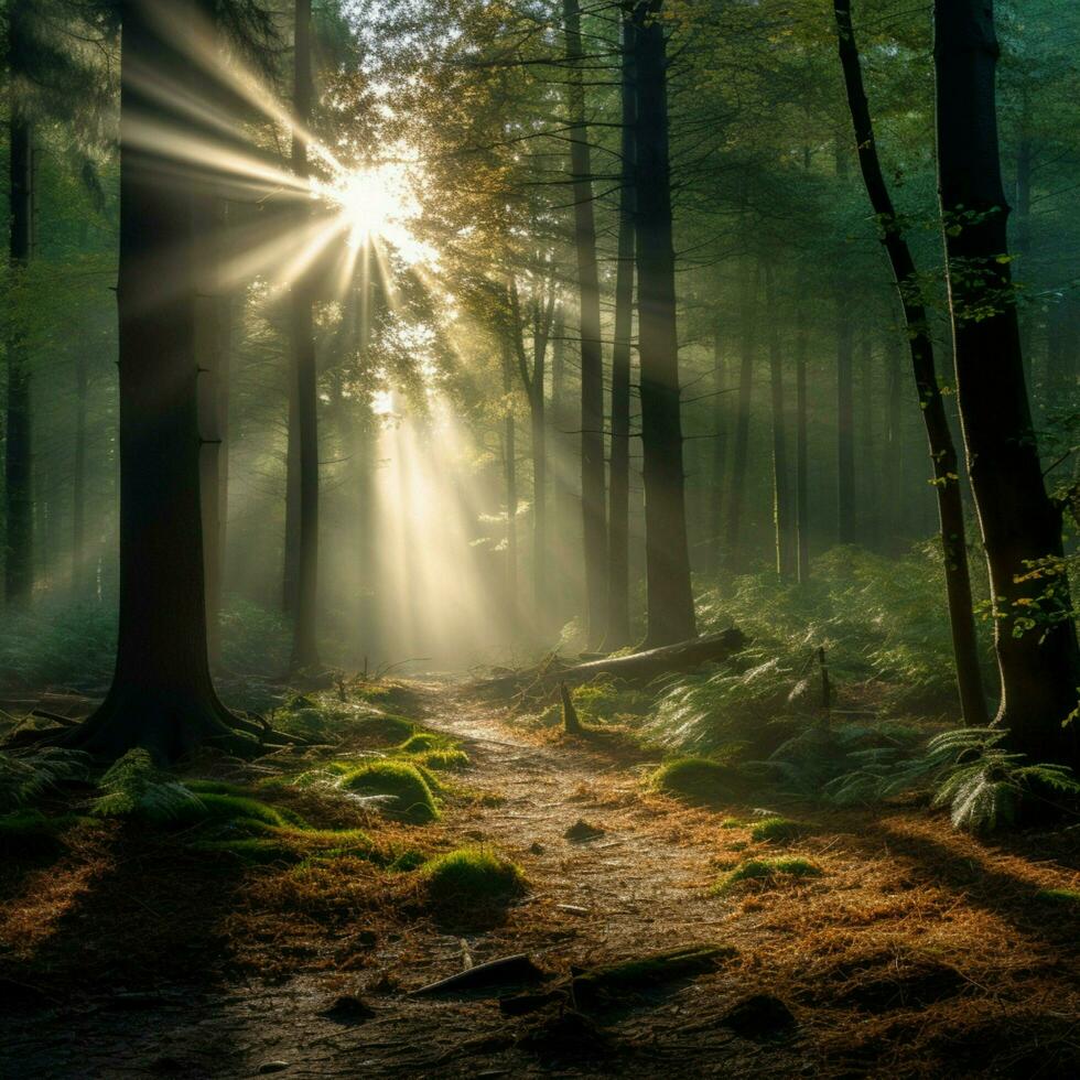 Stille im ein still Wald mit Balken von Sonnenlicht Pause foto